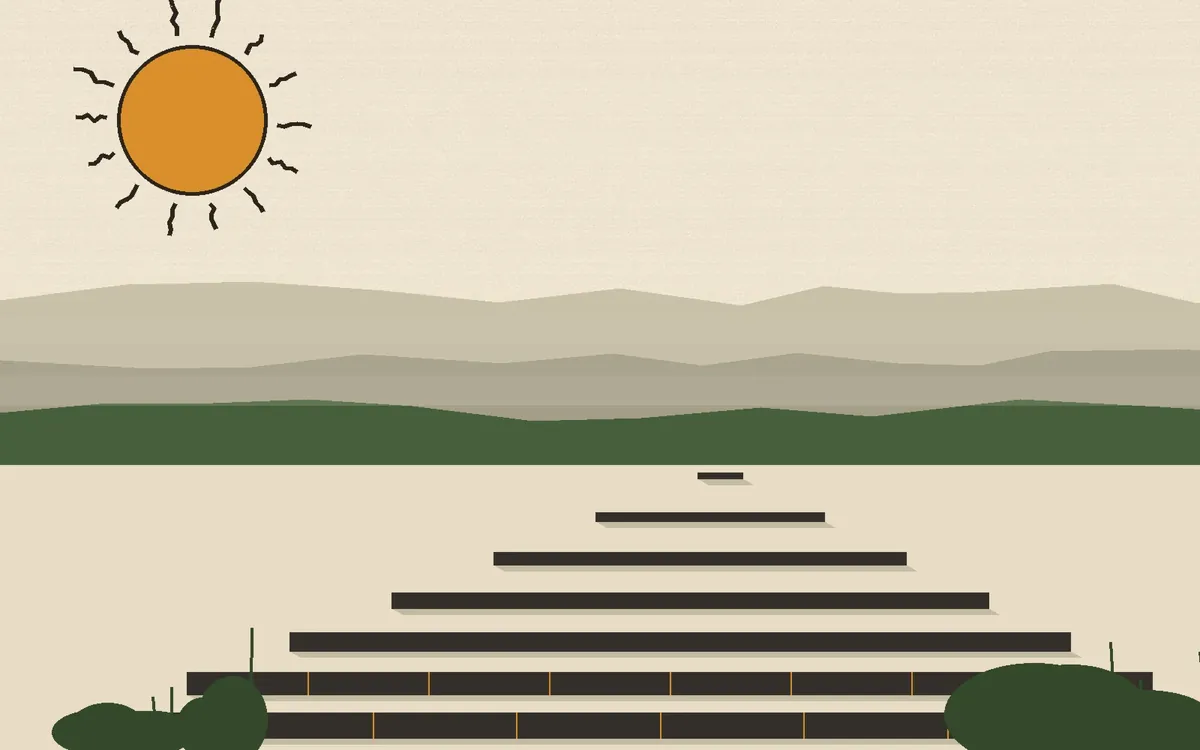 Hand-drawn style illustration of solar panel rows receding across a desert floor toward hazy mountains, with a large wobbly-rayed sun
